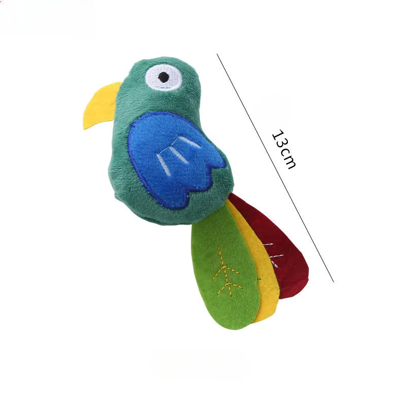 Soft plush cat toy shaped like a cow, a parrot, and a crocodile, each containing catnip for pet play.