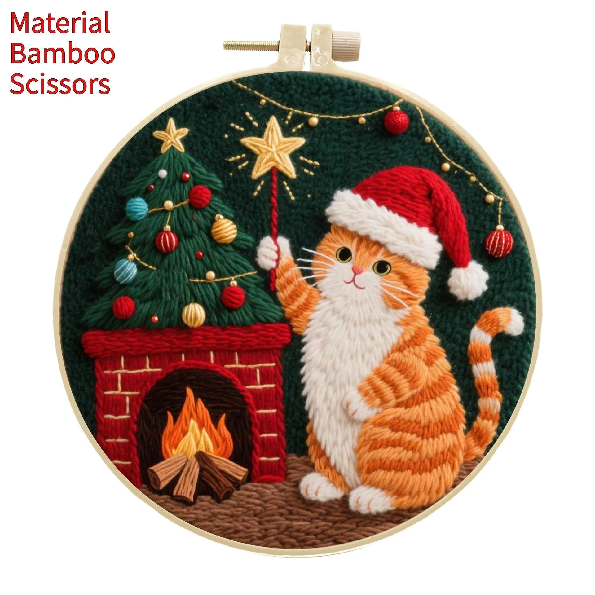 DIY embroidery material kit showing cat and autumn fruit pattern on cotton linen fabric with optional bamboo hoop and scissors.