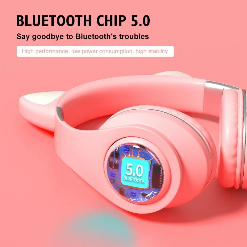 Cat ear style wireless Bluetooth sports headset shown in multiple colours on a person's head