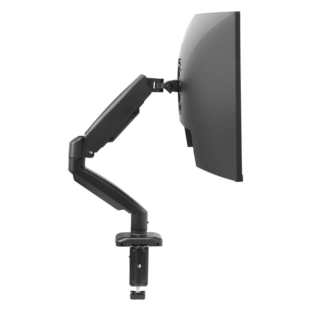 Black rotating telescopic LCD screen bracket on table with adjustable height and swivel features