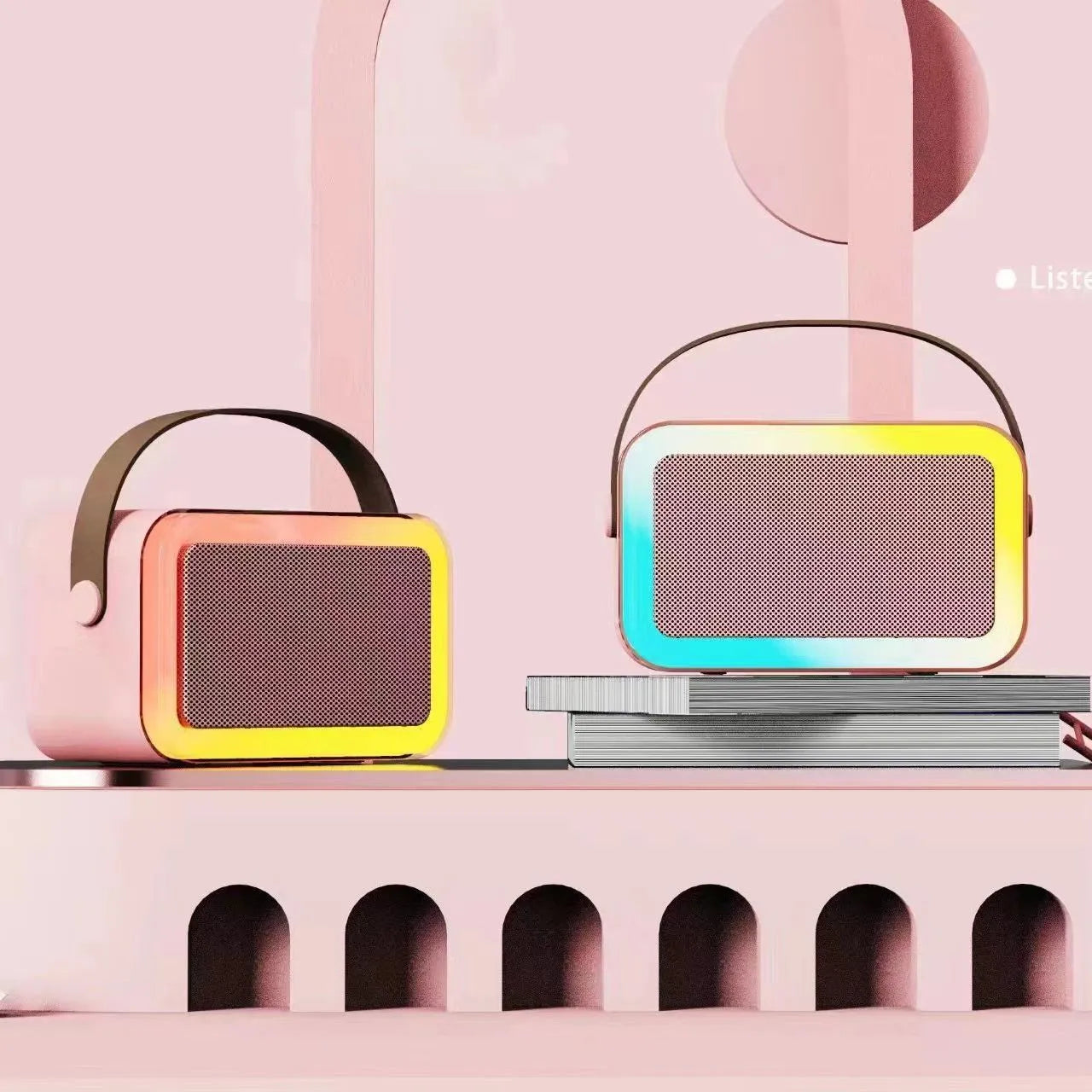 Portable Bluetooth karaoke microphone with colourful LED lights in pink, sky blue, or white colour options