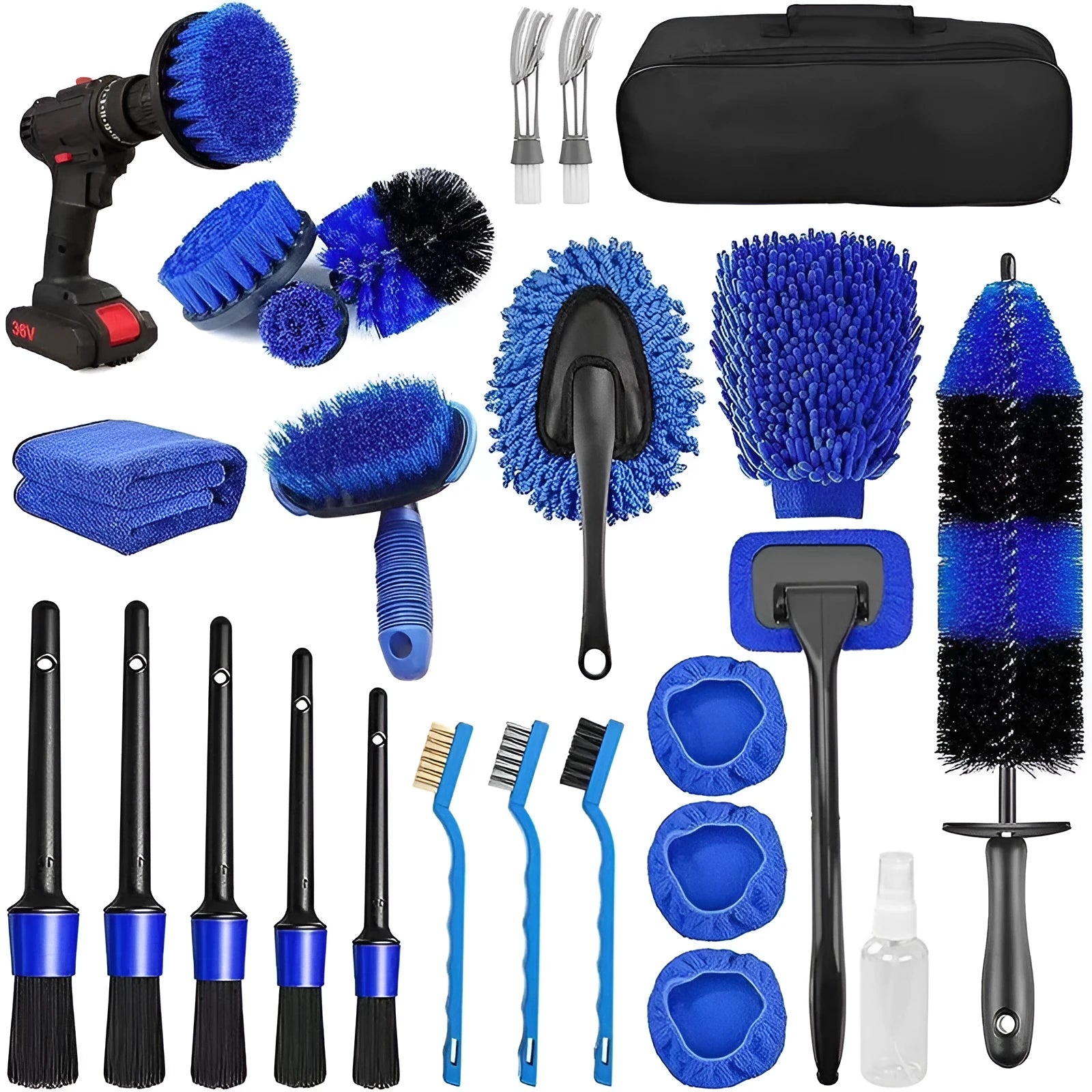 26-piece car cleaning brush set with telescopic handle and various brush heads