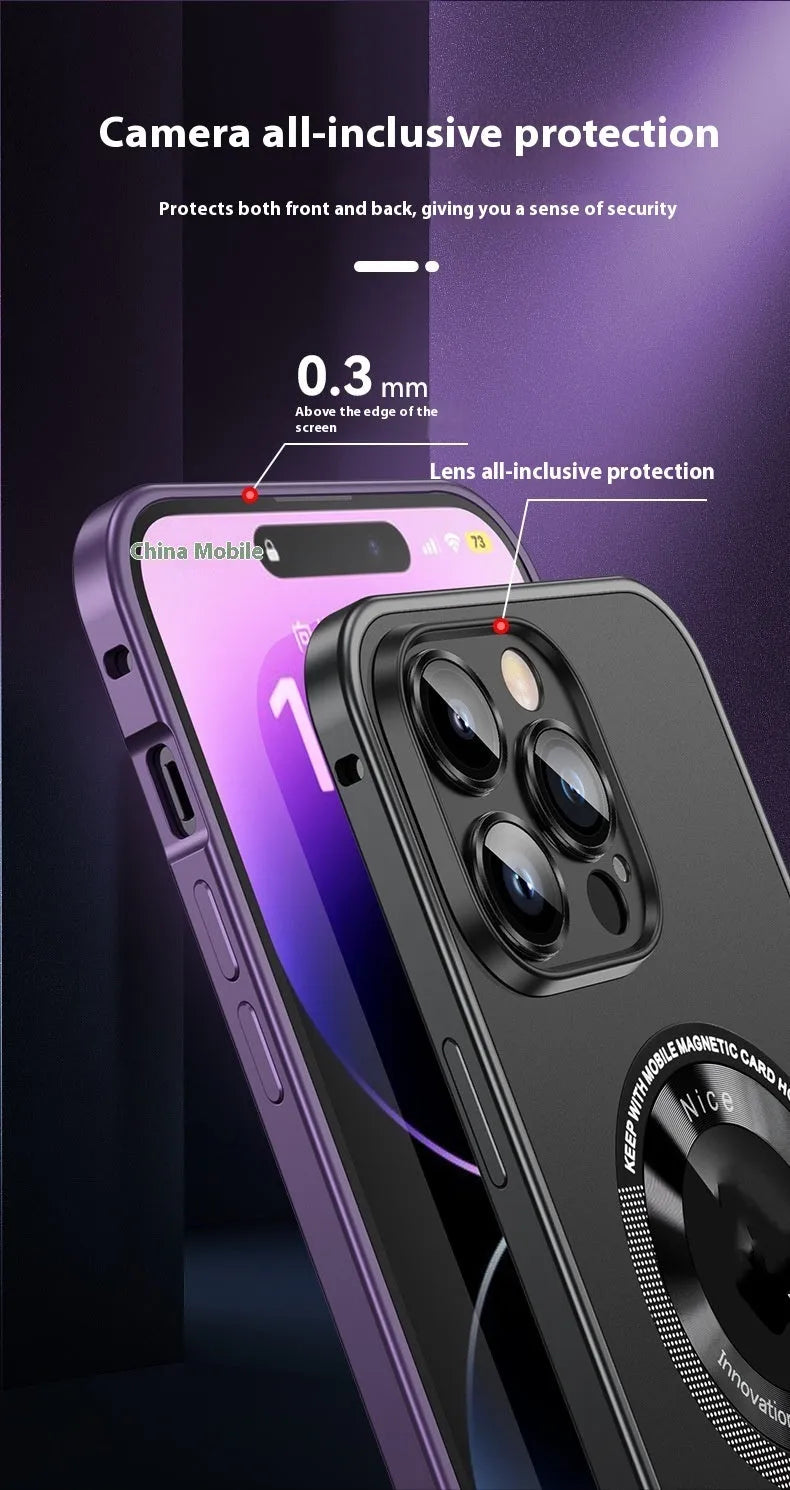 Metal phone case with spring fastener and frosted finish in black for iPhone 14