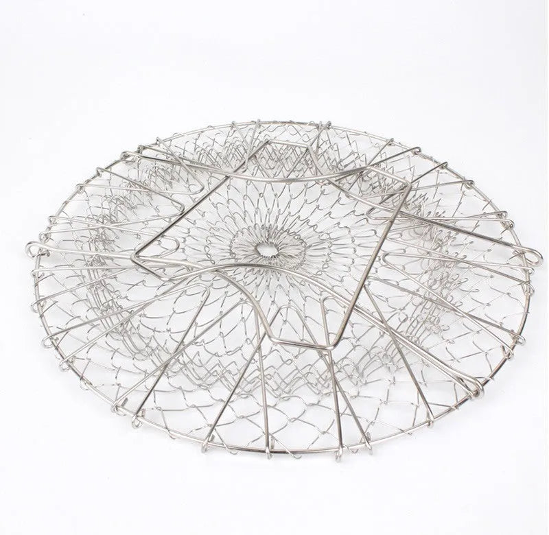 Foldable stainless steel deep fry basket with grid pattern, shown with handle.