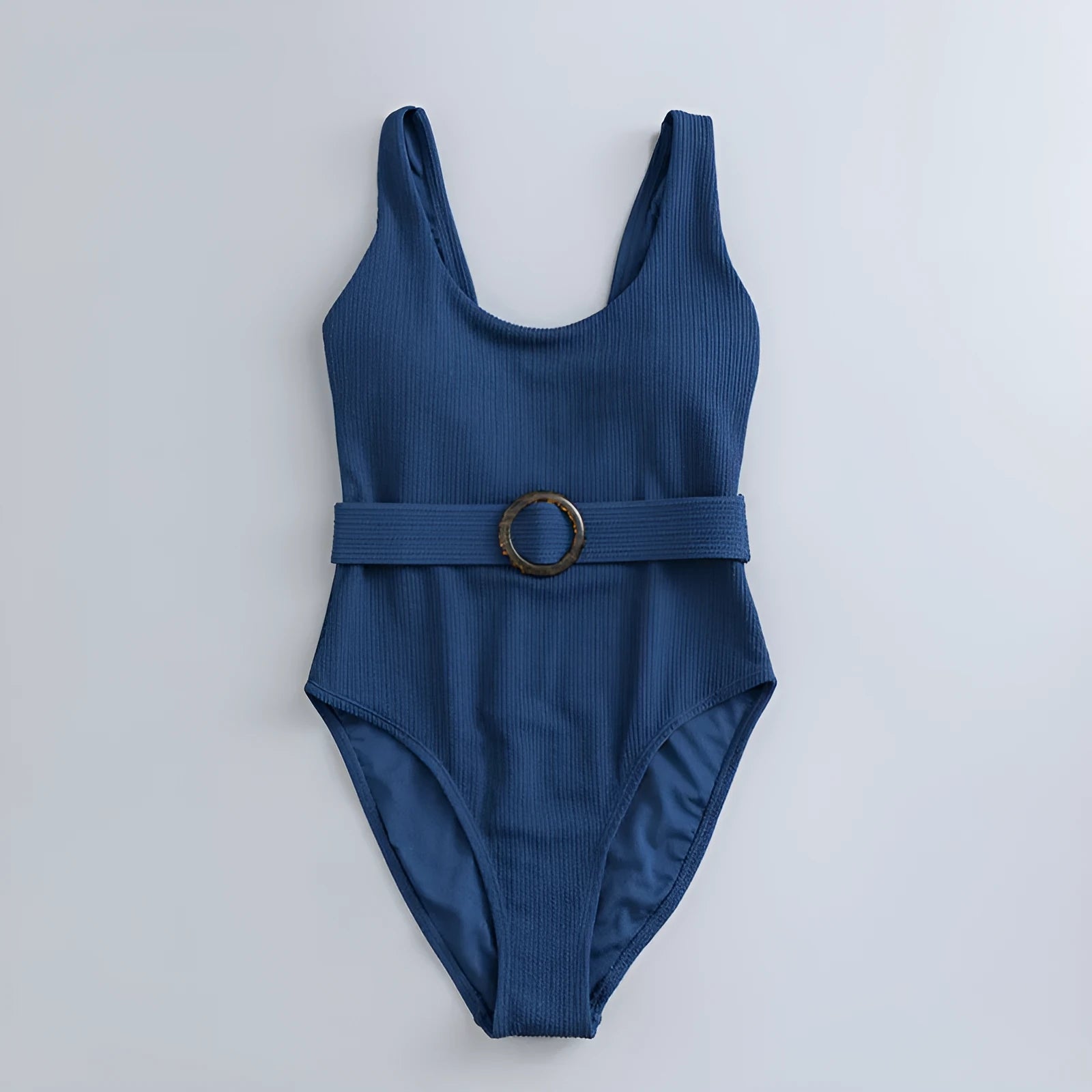 Navy blue women's one-piece swimsuit with slimming triangle design and built-in chest pad