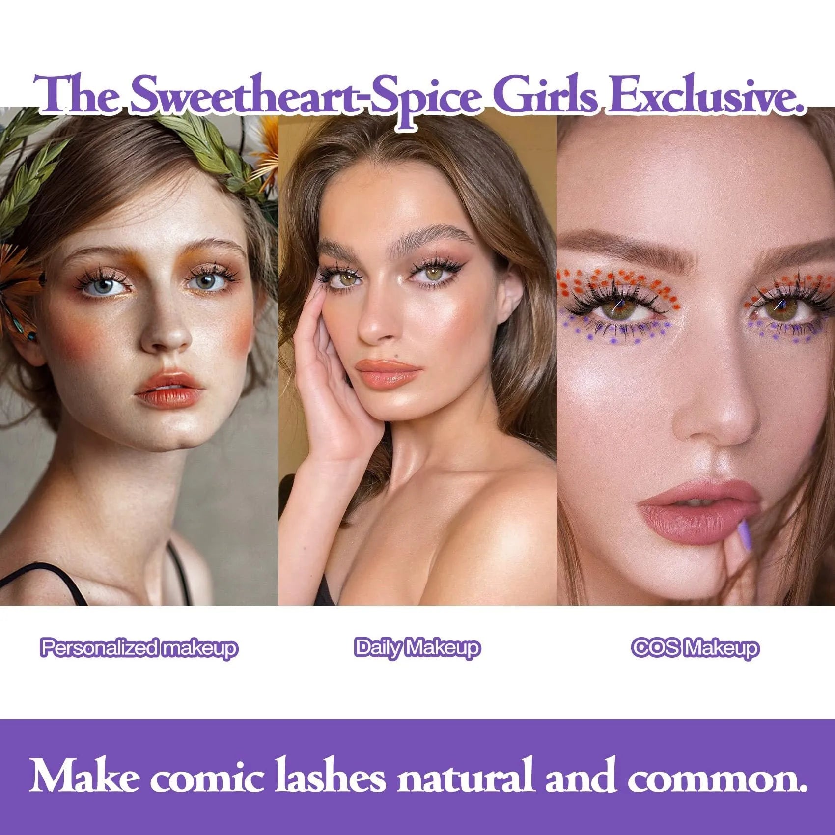 Manga style false eyelashes set showing three wispy styles for anime cosplay and Korean makeup