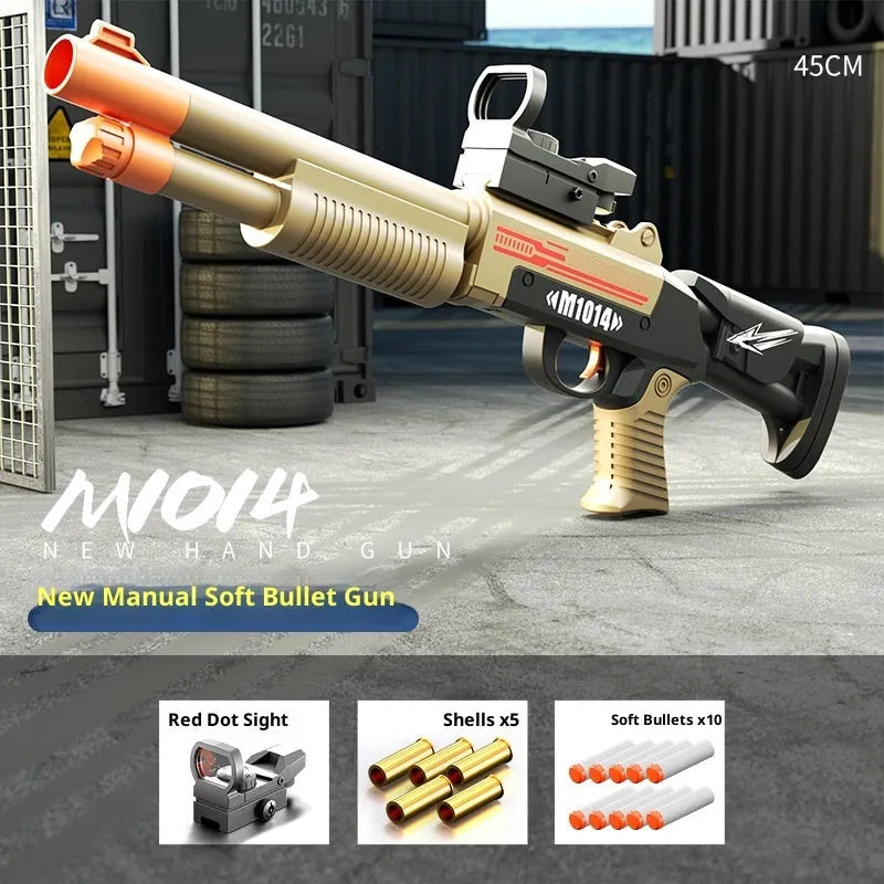 Folding throw shell XM1014 soft bullet toy gun in sand colour with manual launch mechanism, ABS material