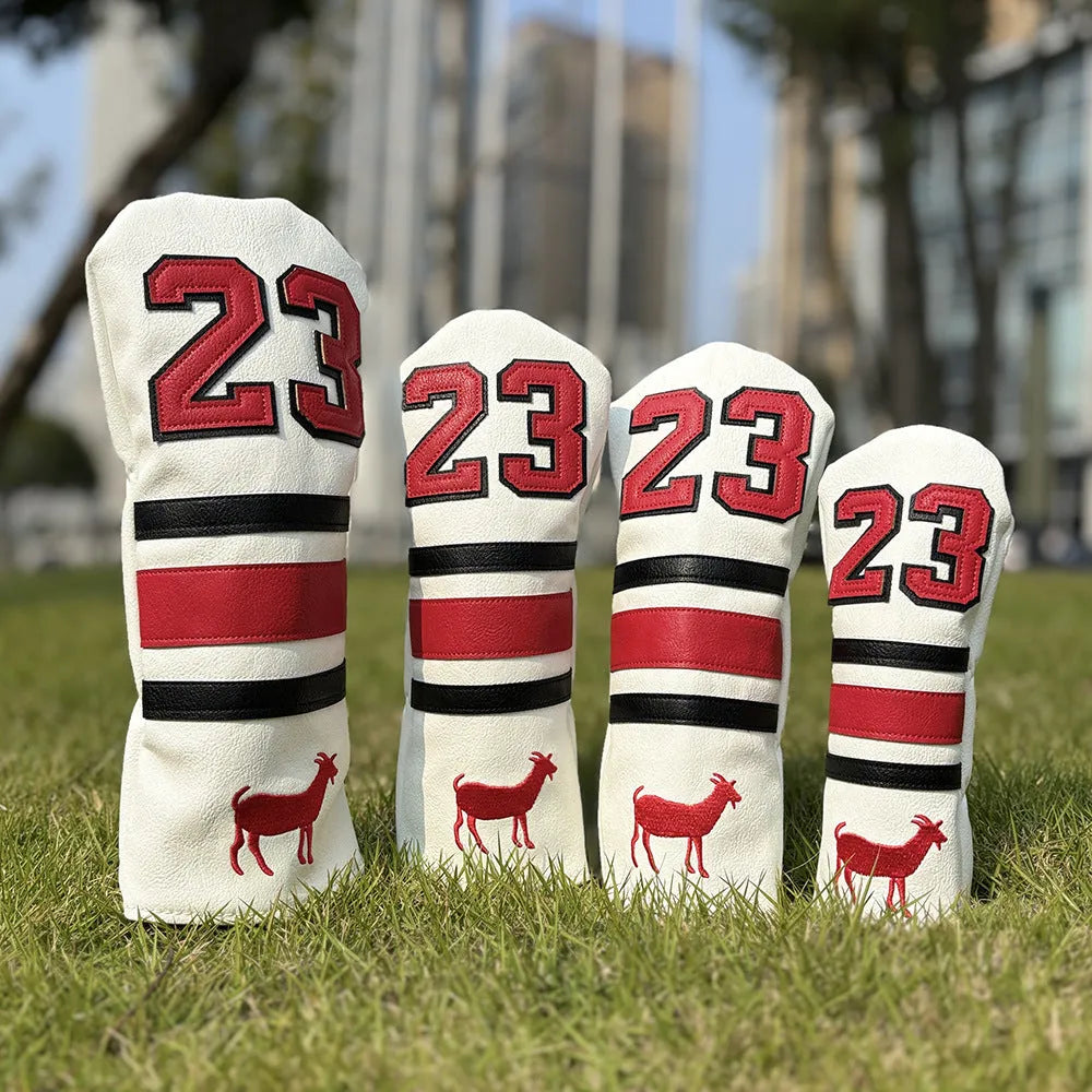 Ram golf club headcover set showing chicken drumstick UT cover, fairway wood sleeves, and square putter sleeve in red colour