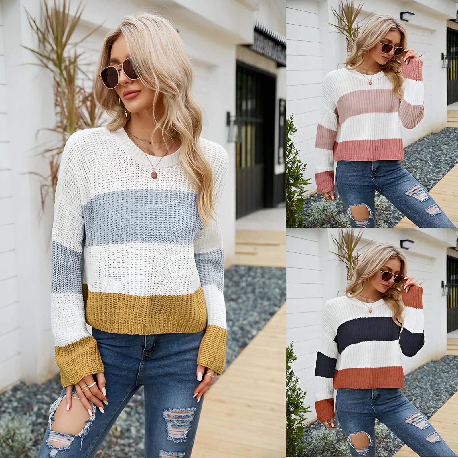 Women's short striped loose pullover sweater in acrylic fabric on a hanger.