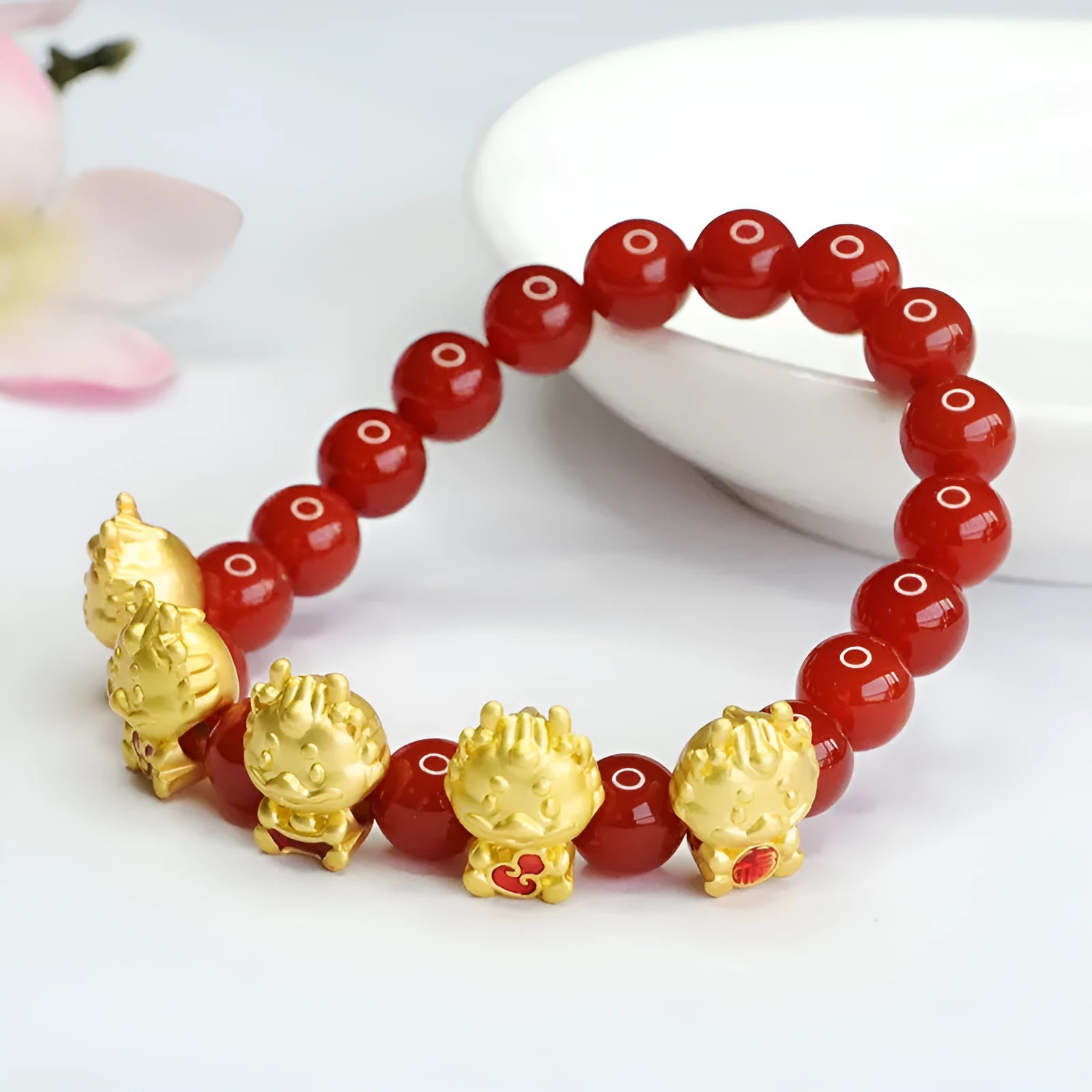 Red agate bracelet with Five Blessing Dragon design in Chinese style, 8mm beads