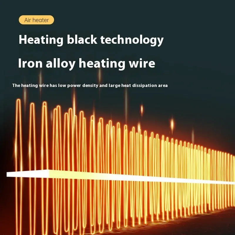White vertical desktop electric heater with control dials, shown on a wooden desk.