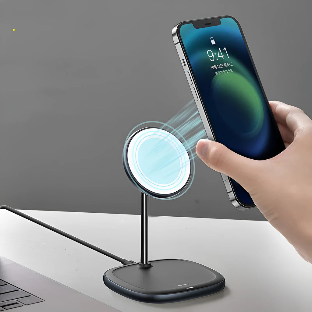 Swan magnetic desktop wireless charger for iPhone 12 in black with charging cable