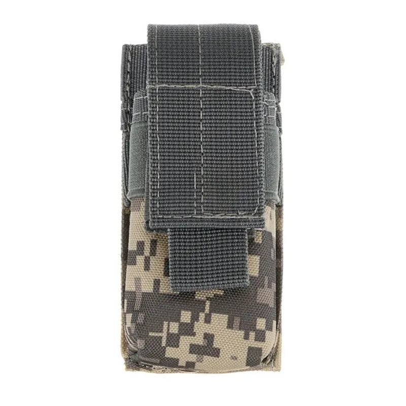 Black tactical Molle waist pouch with elastic cord buckle, shown attached to a belt.