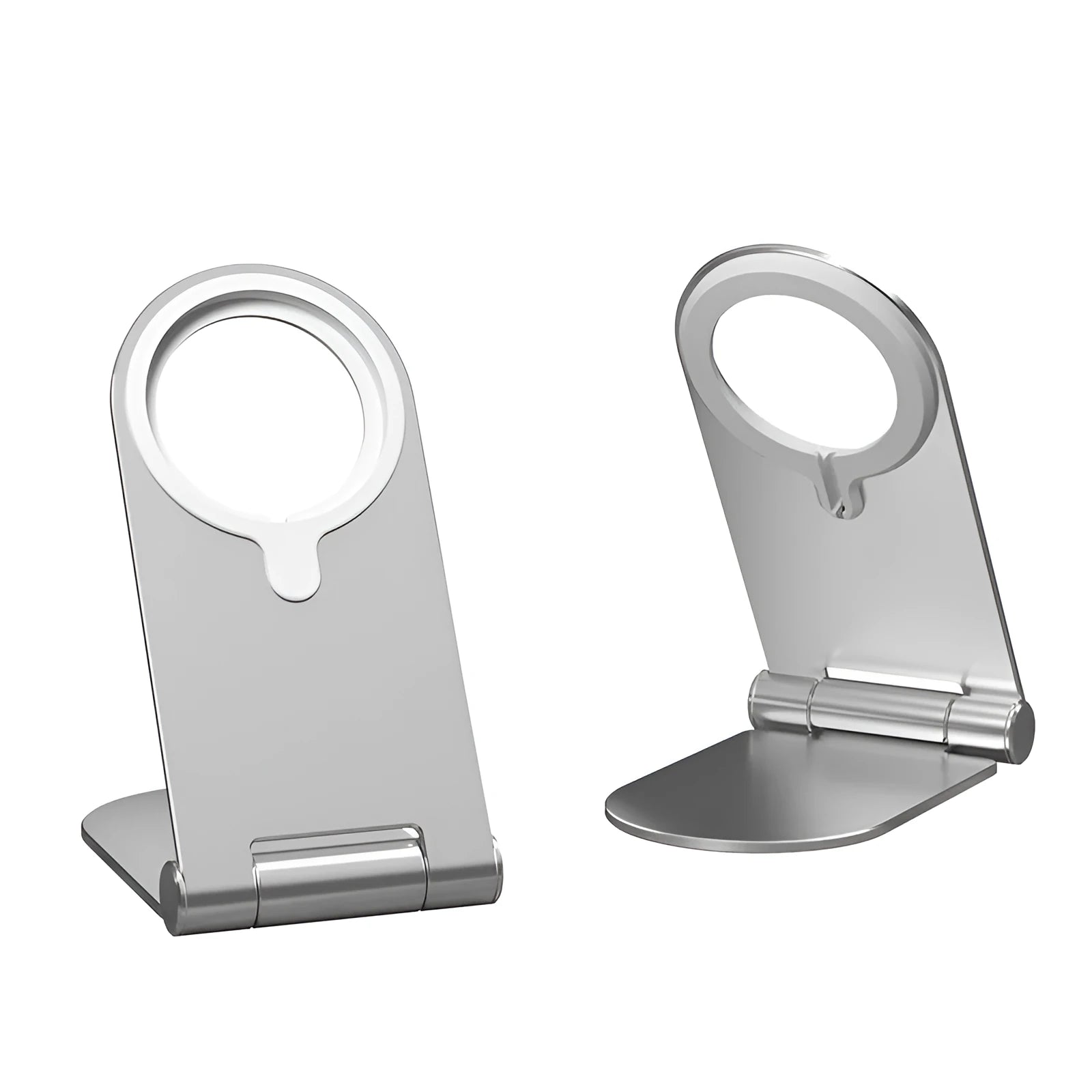 Silver vertical adjustable magnetic bracket for iPhone 12 phones showing compact dimensions