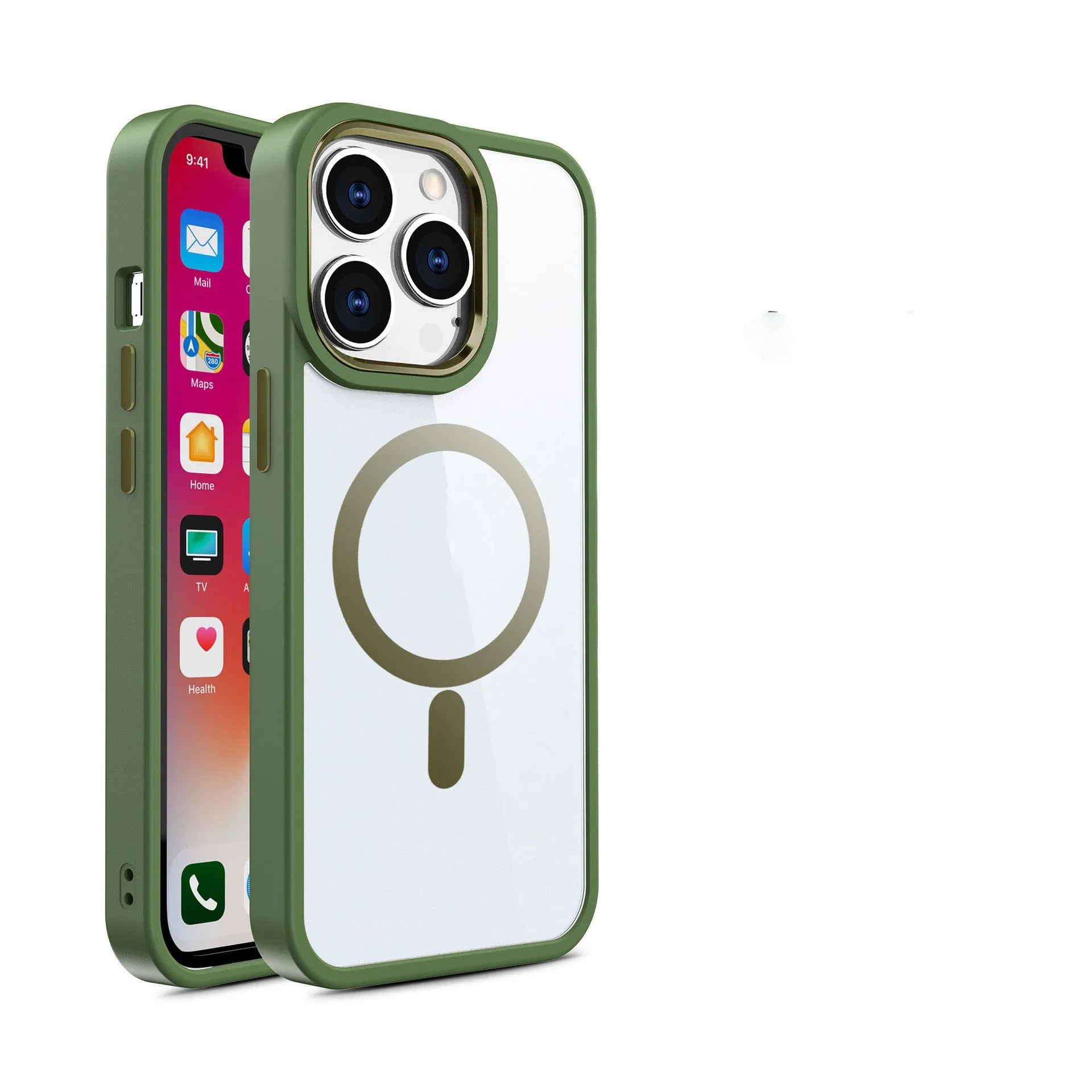 Magnetic transparent silicone phone case for iPhone on a magnetic car mount, shown in a plum red colour.