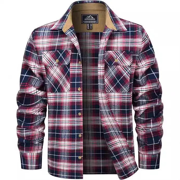Men's flannel button shirt showing plaid pattern in multiple colour options with button-front design