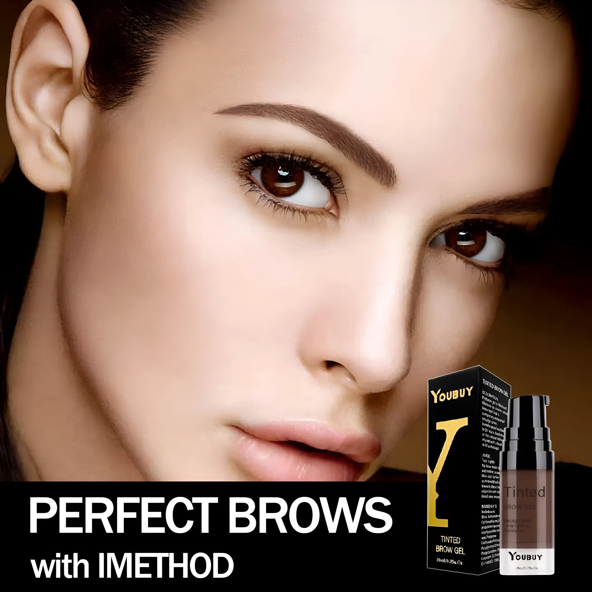 Waterproof brow cream tube in dark grey and golden yellow colours for eyebrow definition