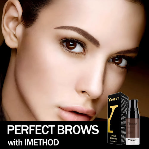 Waterproof brow cream tube in dark grey and golden yellow colours for eyebrow definition