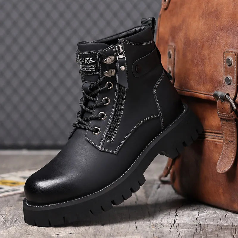 Men's brown leather high-top boots with velvet trim and side zipper closure