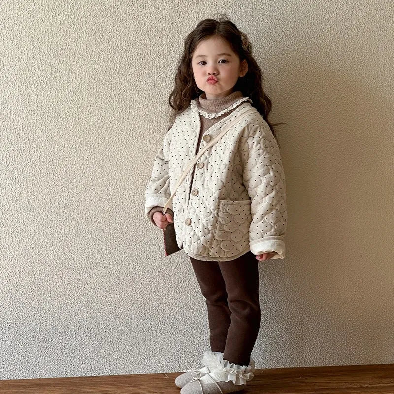 Beige Korean-style baby girl winter cotton-padded coat with printed design, corduroy fabric, single-breasted closure, unhooded, suitable for heights 80-130cm