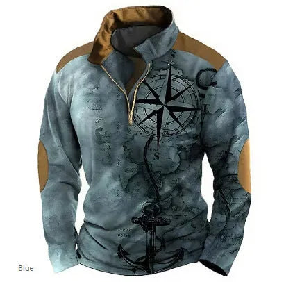 Man wearing a loose fit long sleeve t-shirt with retro colour printing and stripe pattern for golf or casual wear