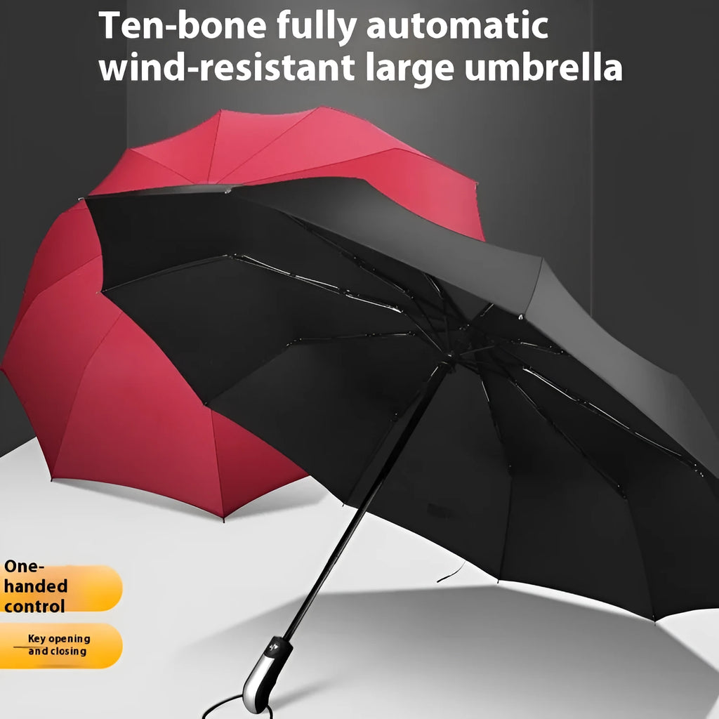 Black triple folding automatic business umbrella with 10 ribs and a rubber handle, shown open.