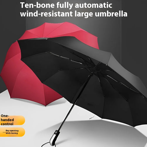 Black triple folding automatic business umbrella with 10 ribs and a rubber handle, shown open.