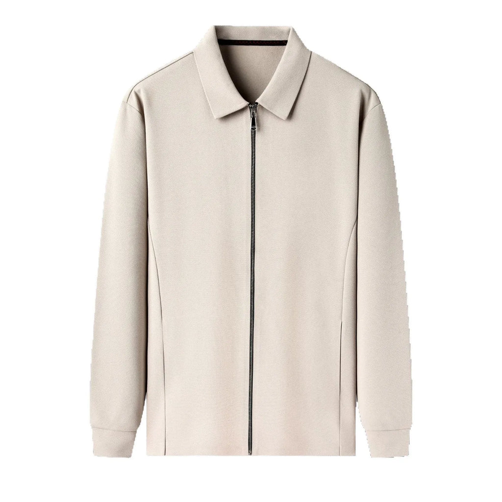 Men's collared business casual jacket in polyester, shown in black, dark grey, and apricot colours.