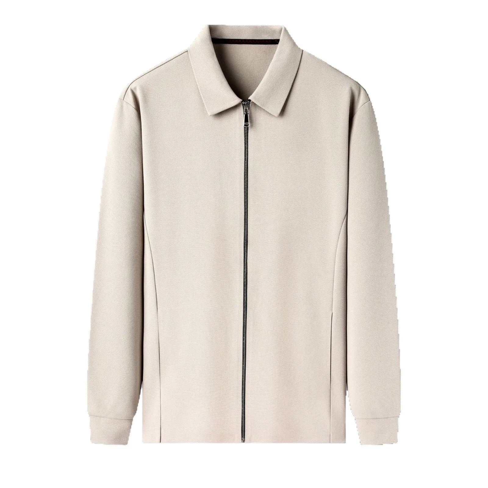 Men's collared business casual jacket in polyester, shown in black, dark grey, and apricot colours.