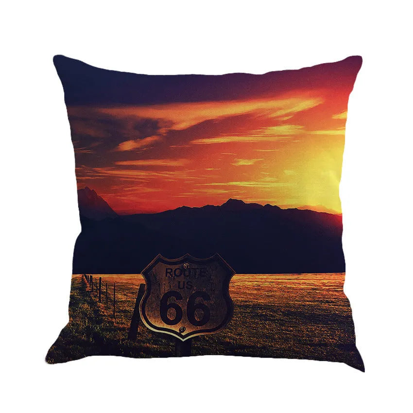 Linen cushion cover with US Route 66 scenic landscape print, shown in one of six available colours.