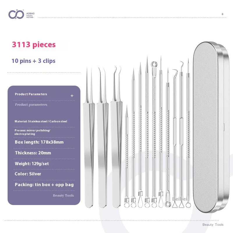 Four silver metal acne needles with fine pointed tips laid out on a flat surface.