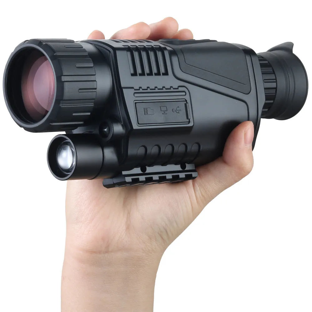 Black digital night vision telescope with rubber coating, 40mm lens, and included storage bag.