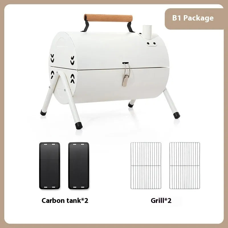 White round portable grill with foldable design for frying and baking functions
