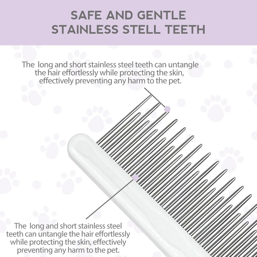Purple pet grooming comb with stainless steel teeth on ergonomic handle