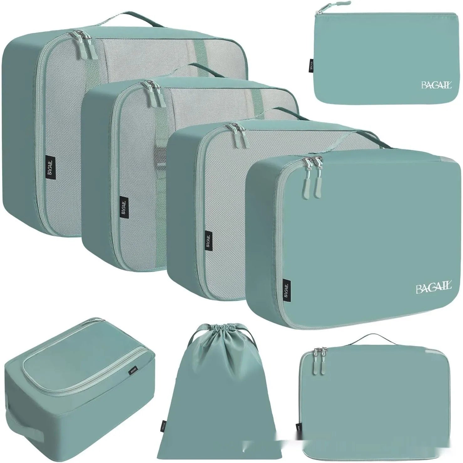 Eight cubic travel packing bags in various colours including beige, black, pink leopard print, and white pink stripes
