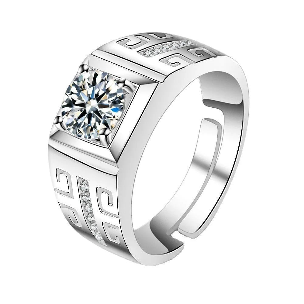 Men's adjustable copper ring with a large square diamond in gold or platinum finish
