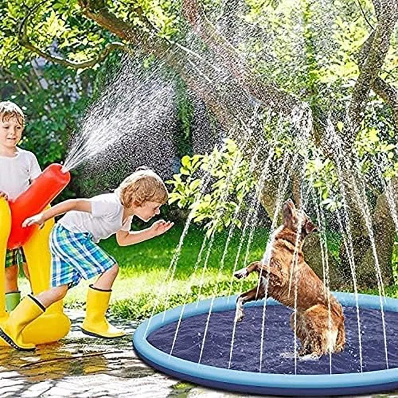 Large inflatable PVC dog pool splash pad with anti-slip base in a garden.