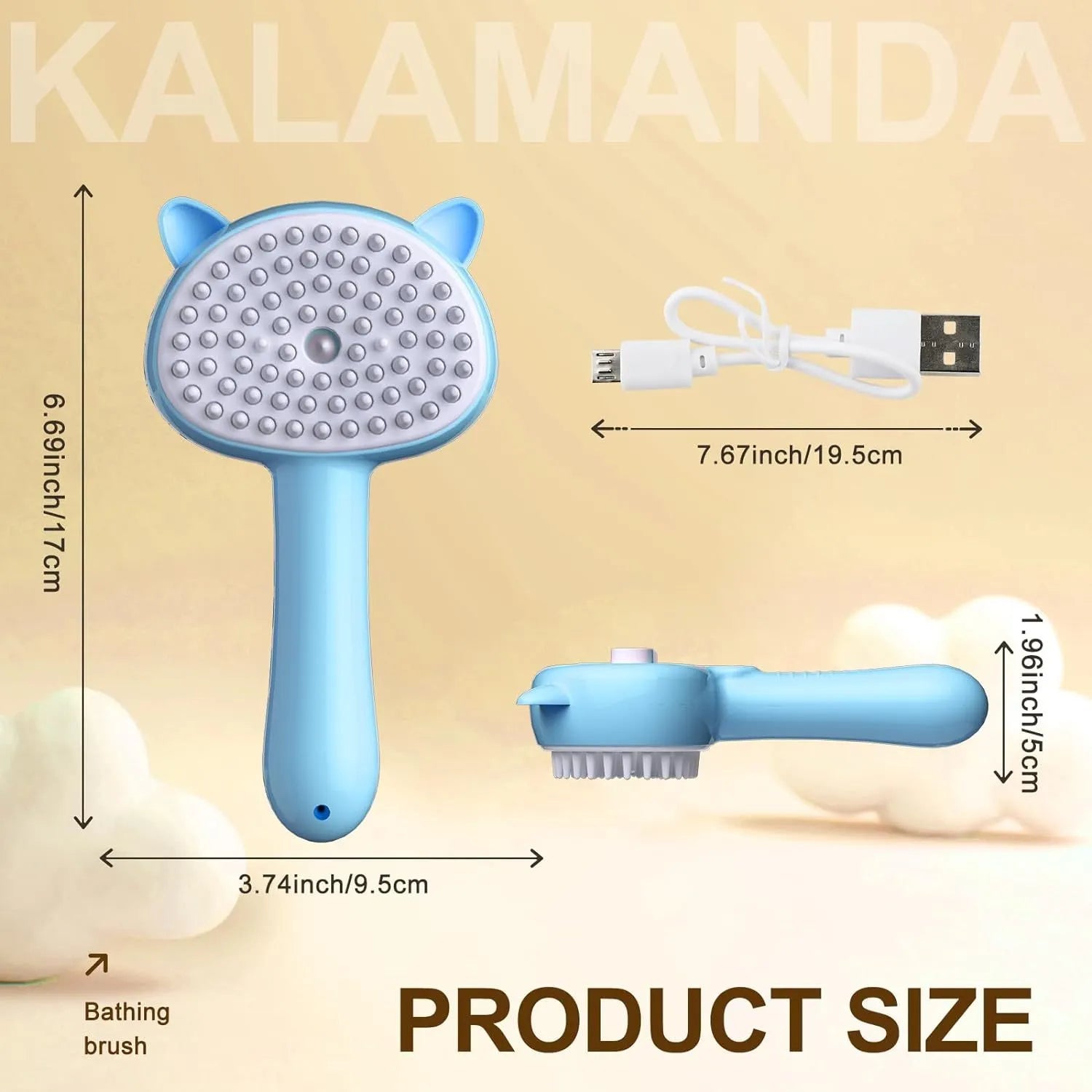 Cat steam brush with blue handle, rubber bristles, and release button for pet grooming