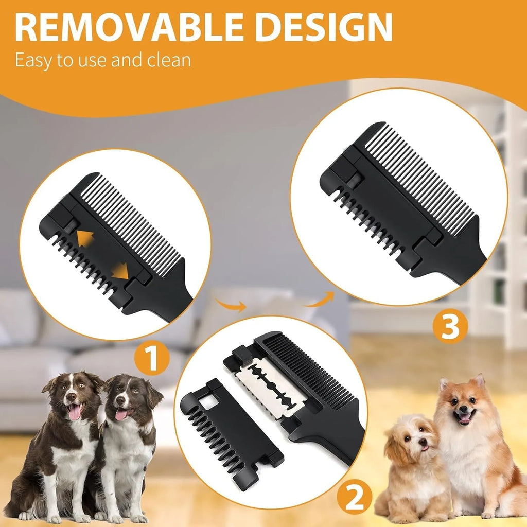 Razor comb for dogs and cats with attached blade and packet of ten spare replacement blades.