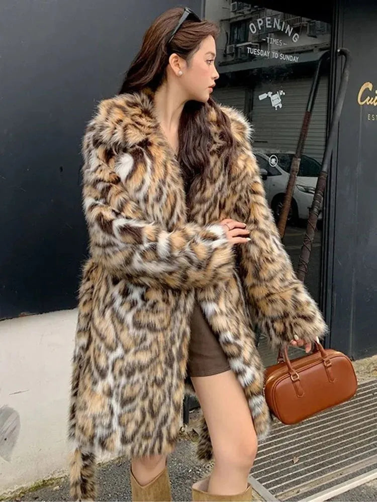 Women's long faux fur coat with fur collar in street fashion style