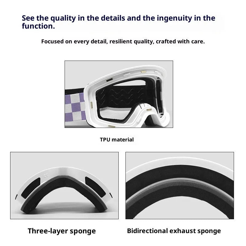 Spherical ski goggles with double-layer anti-fog lens, TPU frame, available in multiple colours for adults