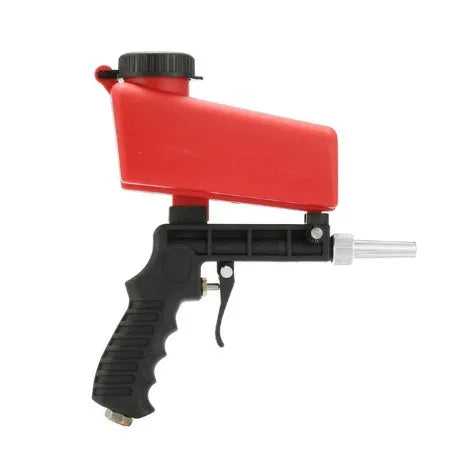 Portable blue pneumatic sandblasting gun with upper tank and nozzle for rust removal and surface cleaning