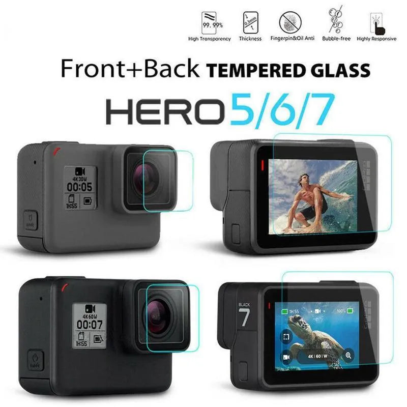Transparent 9H tempered glass screen and lens protector film for GoPro Hero 5, 6, 7 cameras