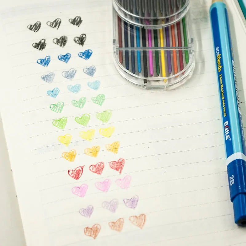 Colourful automatic lead refills in black and multicolor 2.0mm x 90mm pack for student drawing and writing