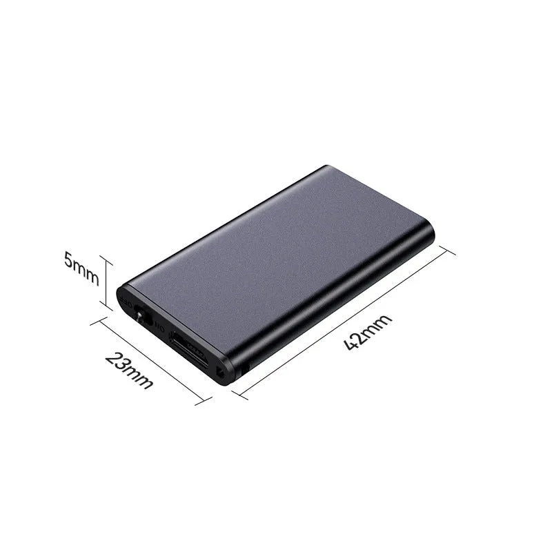 Silver aluminium alloy encryption recording pen with microphone, showing compact 23x43x5mm size.