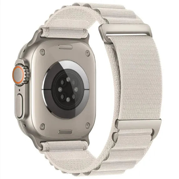Nylon loop watch strap for Apple Watch with two-section high mountain weave in black colour, fits 38mm to 49mm sizes
