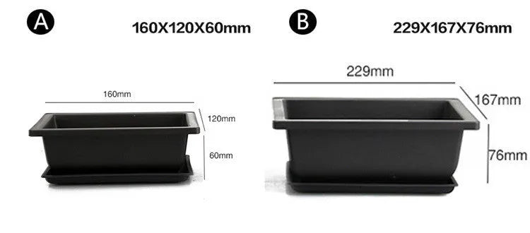 Dark brown antique-style recycled plastic flowerpot showing rectangular and square size options.