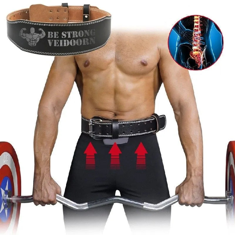 Black narrow cowhide fitness belt with adjustable punching holes for weightlifting core and lumbar support