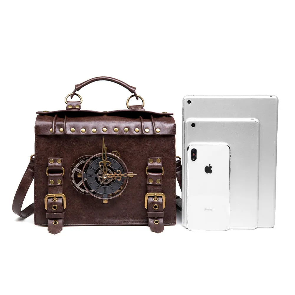Bronze steampunk industrial retro style shoulder bag with metal hardware and square pillow design