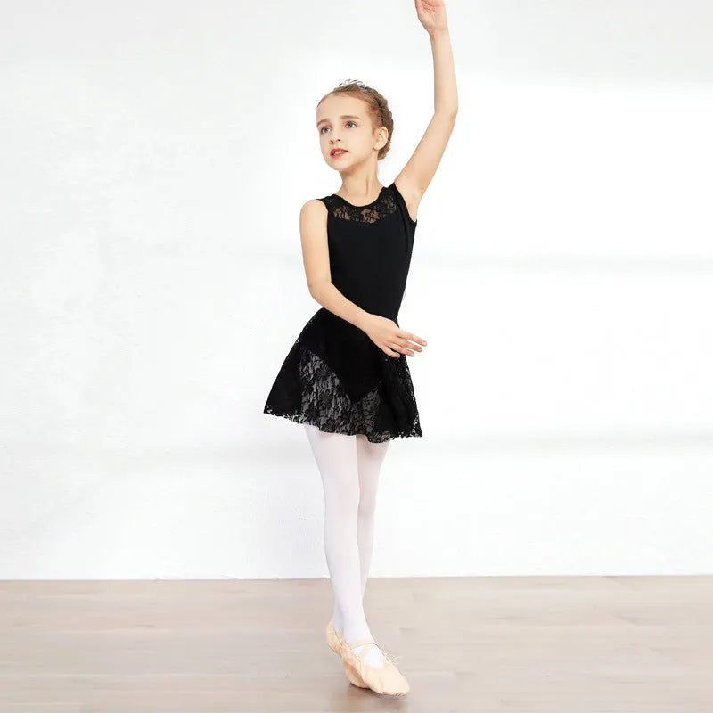 Girls short-sleeve ballet practice dress in Lycra cotton with lace and mesh trim, princess style, available in black
